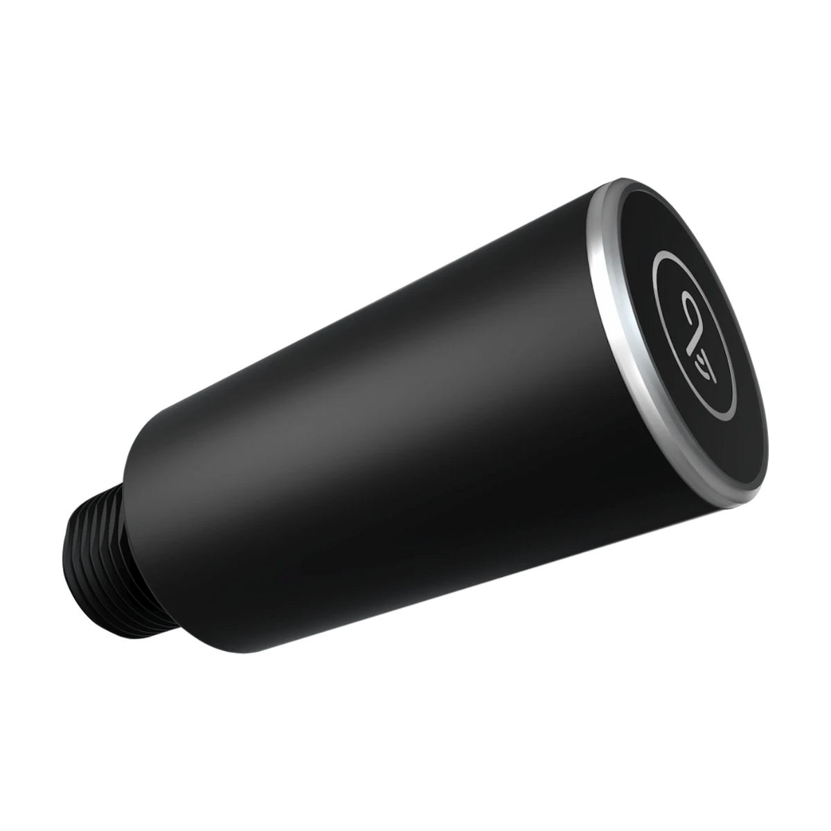 A black cylindrical mounting bracket or adapter with a threaded base and a silver metallic accent ring on one end, featuring a circular logo.