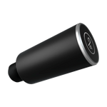 A black cylindrical mounting bracket or adapter with a threaded base and a silver metallic accent ring on one end, featuring a circular logo.