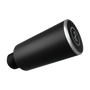 A black cylindrical mounting bracket or adapter with a threaded base and a silver metallic accent ring on one end, featuring a circular logo.