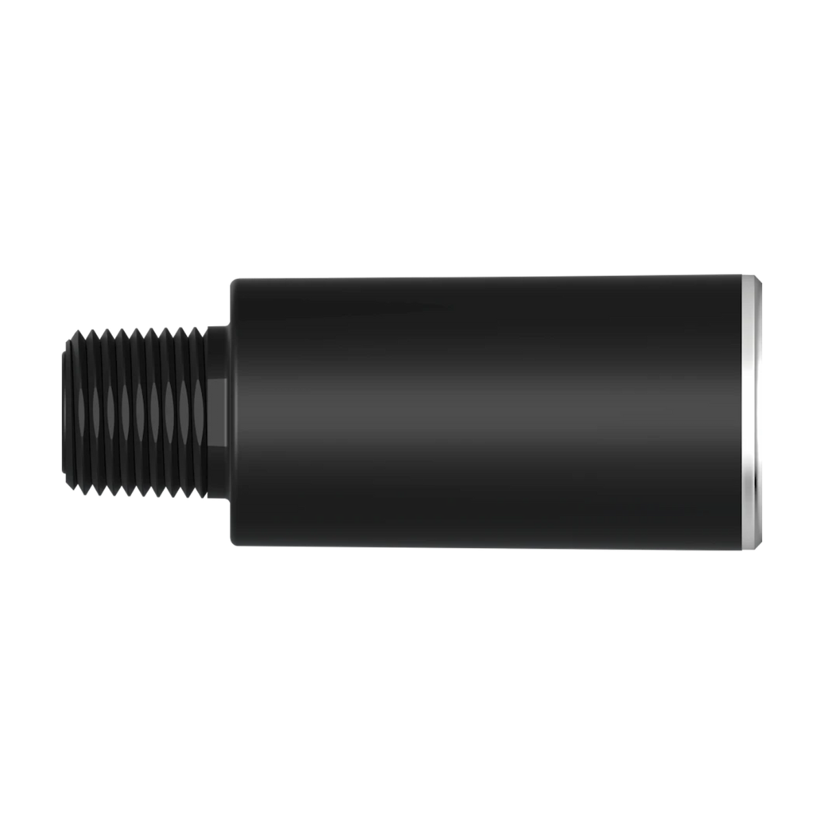 A black cylindrical threaded component with a matte finish and a silver metal end cap, shown against a plain white background.