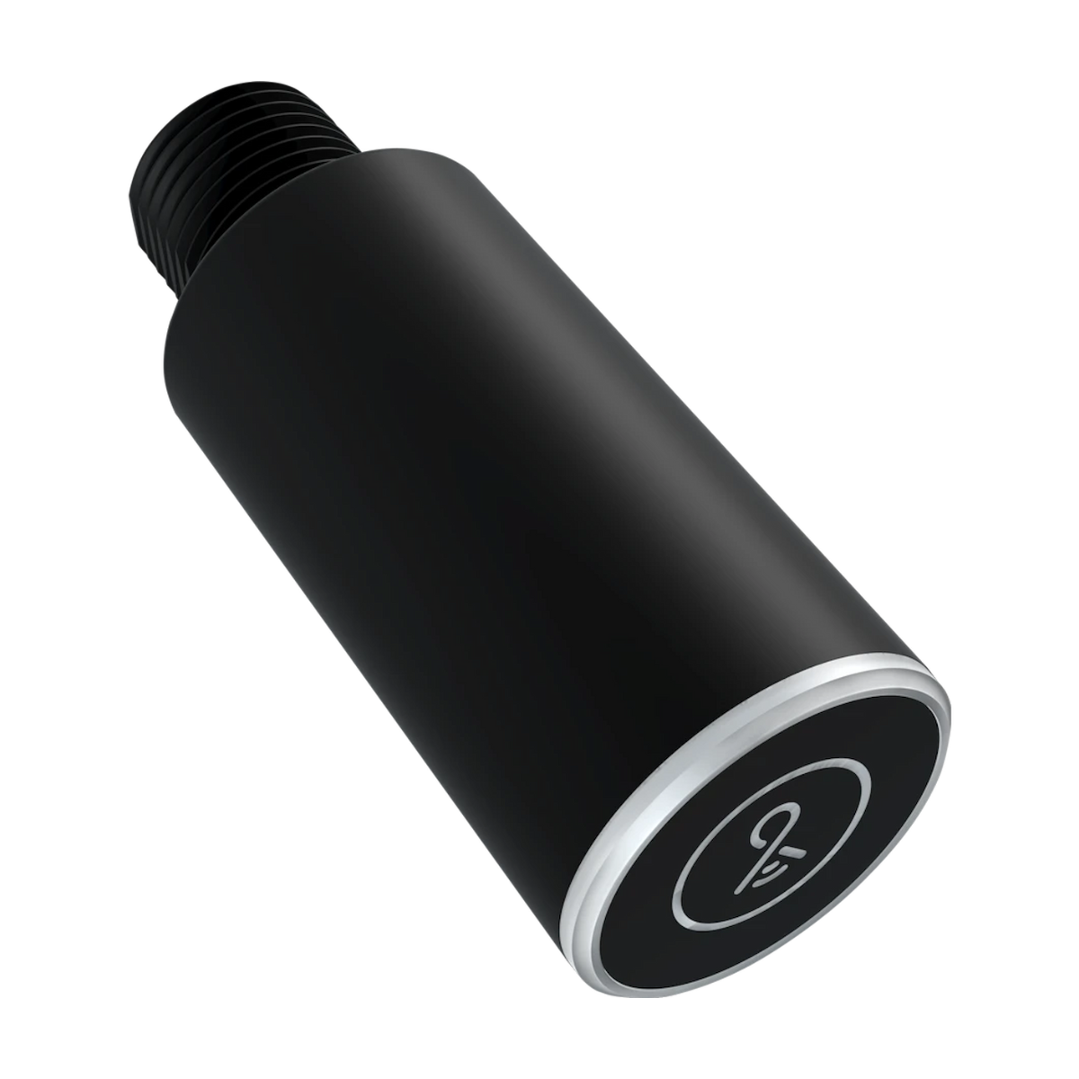 A black cylindrical metal component with a threaded connection on one end and a circular silver-toned band with a white symbol on the other, shown on a plain white background.