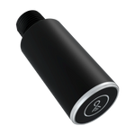 A black cylindrical metal component with a threaded connection on one end and a circular silver-toned band with a white symbol on the other, shown on a plain white background.