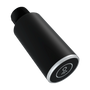 A black cylindrical metal component with a threaded connection on one end and a circular silver-toned band with a white symbol on the other, shown on a plain white background.