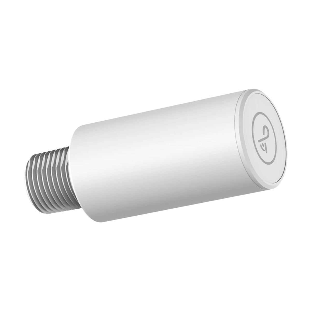 A white cylindrical threaded hardware component with a circular logo on the end cap, shown on a plain white background.