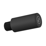 A black cylindrical threaded component with a matte finish and a white circular logo on the end cap, shown on a plain white background.
