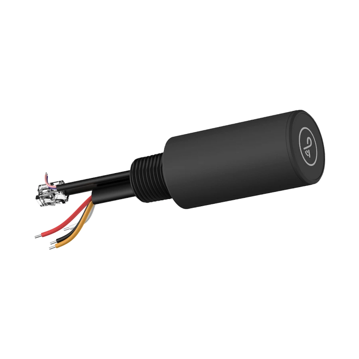 A black cylindrical electronic component with a threaded connector, three colored wires (red, yellow, and silver), and a white circular logo on the end cap, shown on a plain white background.
