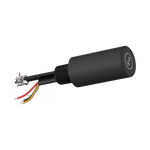 A black cylindrical electronic component with a threaded connector, three colored wires (red, yellow, and silver), and a white circular logo on the end cap, shown on a plain white background.