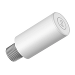 A white cylindrical threaded component with a flat top cap featuring a circular logo, shown on a plain white background.