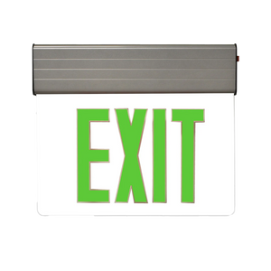 LED Edge Lit Exit Sign - MaxLite with green letters and slim, modern housing for flexible mounting options