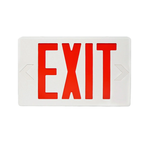 LED Exit Sign with bright red lettering visible from 50ft, corrosion-resistant housing, suitable for walls or ceilings.
