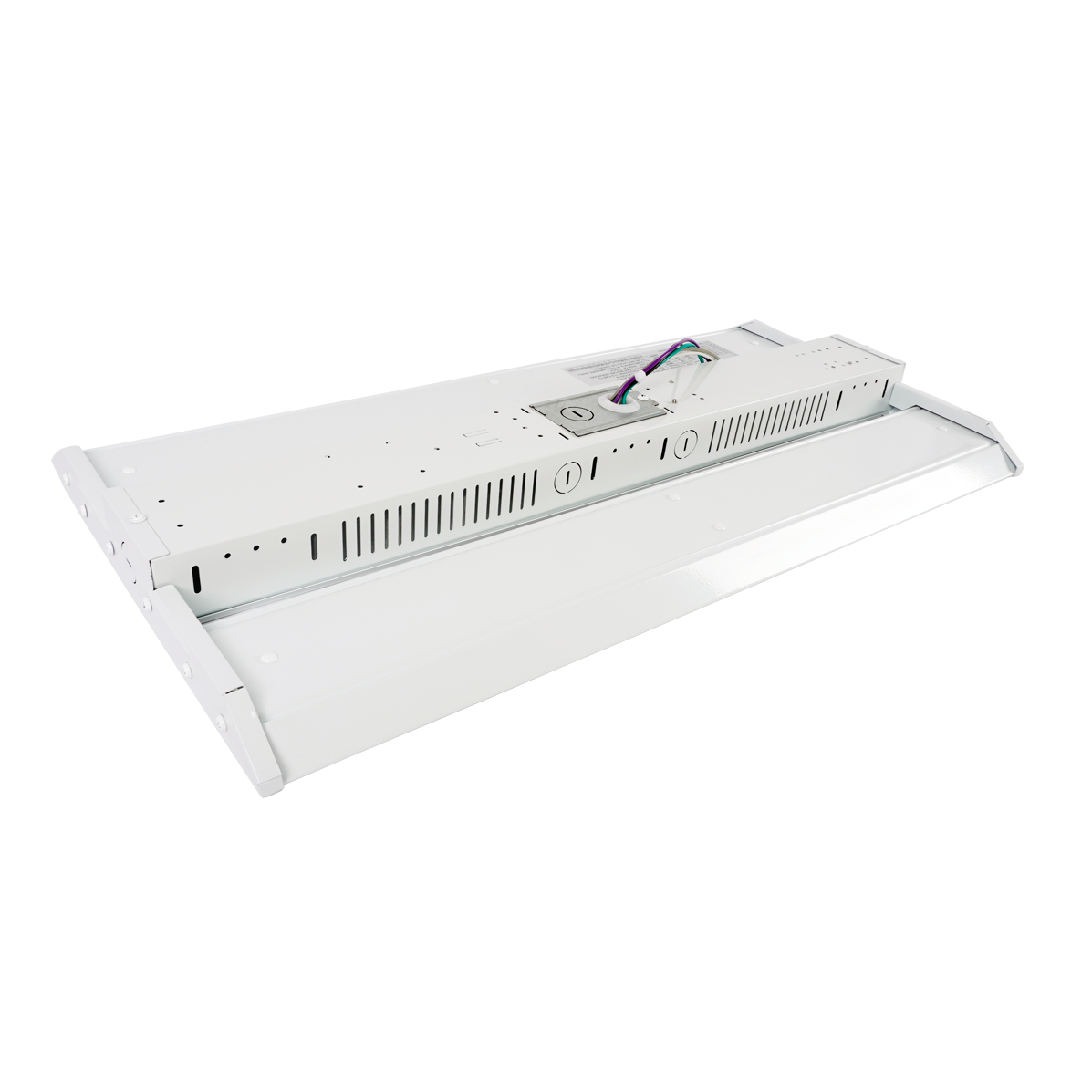 Linear LED High Bay – 2 CCT – 220/165/120W lighting fixture with built-in driver and ventilation slots shown from above.