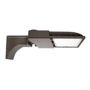 Side view of LED Shoebox Area Light 250W outdoor fixture with mounting bracket and LED panel visible