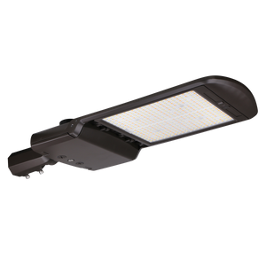 LED Shoebox Area Light with adjustable color temperature and swappable Type 3 and Type 5 optics in dark finish