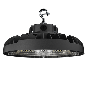 UFO LED High Bay with wattage and color adjustable feature plus dimming. CCTs are 3000K, 4000K, and 5000K IK08 rated. Includes heavy duty hook for hanging. 