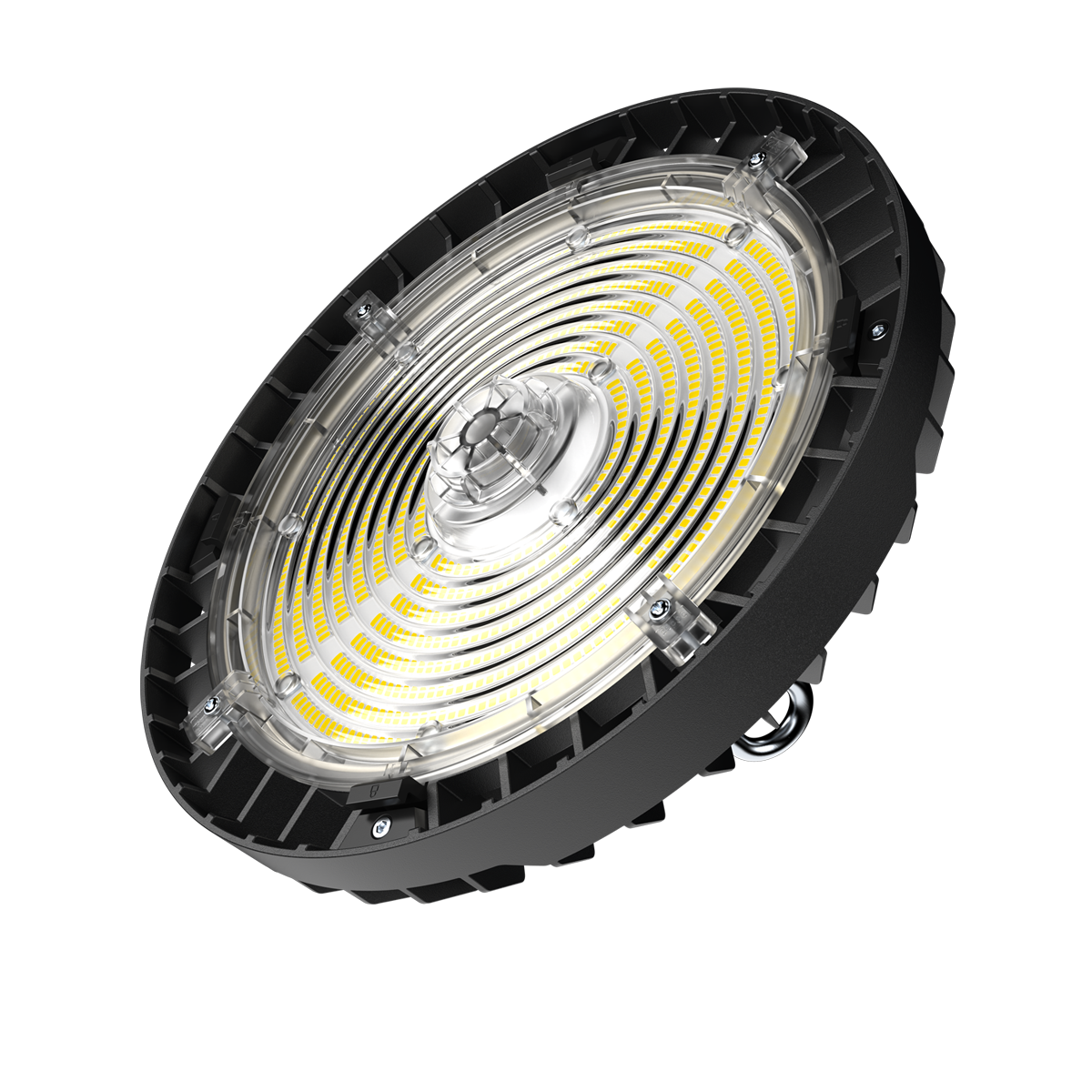 UFO LED High Bay features polycarbonate lens and high-efficacy LEDs (140 lm/W). Housing is IK08 rated for impacts.
