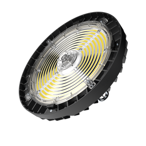 UFO LED High Bay features polycarbonate lens and high-efficacy LEDs (140 lm/W). Housing is IK08 rated for impacts.