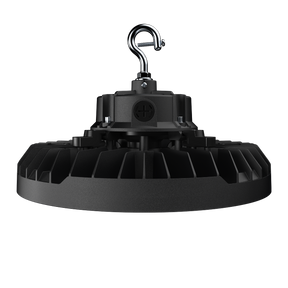 150W/120W/100W selectable UFO LED high bay from ELEDLights features lightweight aluminum housing and a durable powder coated finish. Steel hook included for installation.