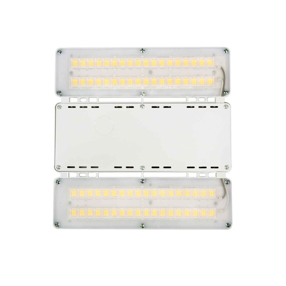 Top view of a compact Linear LED Low Bay 130W fixture with dual LED panels and white housing.