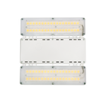 Top view of a compact Linear LED Low Bay 130W fixture with dual LED panels and white housing.