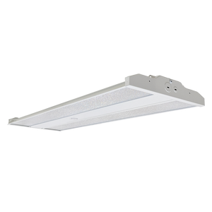 Linear LED High Bay light fixture with swappable optics and multiple wattage settings for industrial use