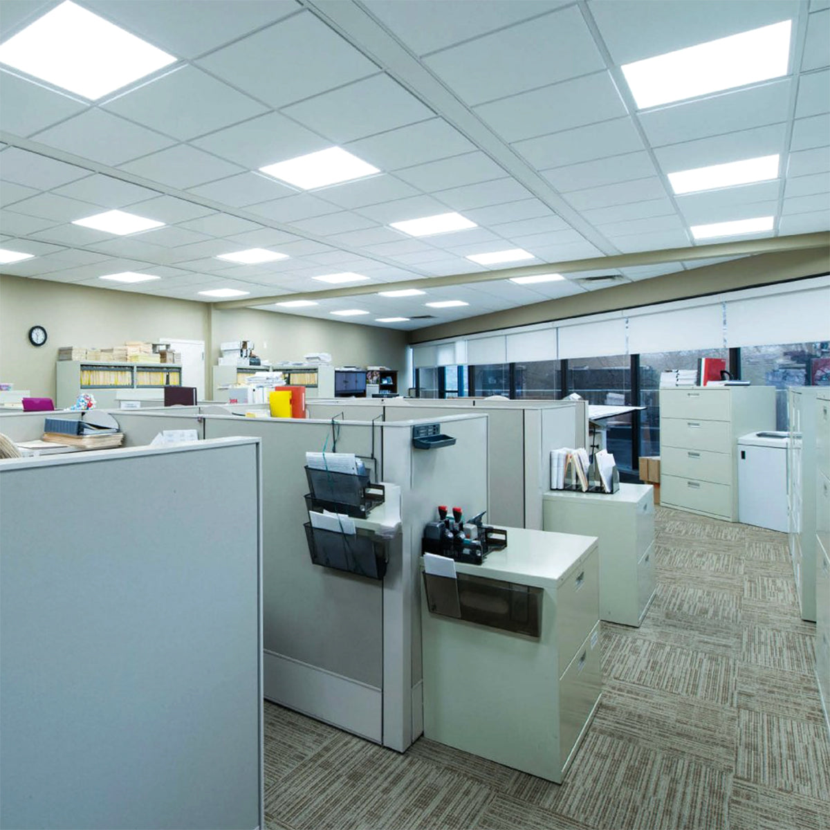 Office space with bright uniform lighting from 2x2 LED Panel 40W RAB T34 installed in drop ceiling tiles