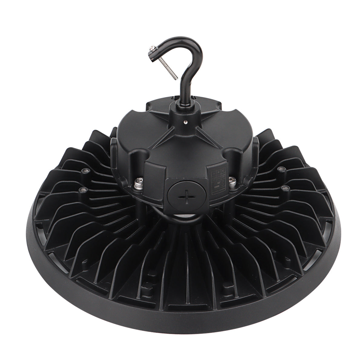 A black high-bay LED hanging light fixture with a ribbed circular base, central housing, and a top hanging hook with a silver bolt, shown on a plain white background.