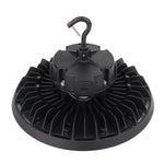 A black high-bay LED hanging light fixture with a ribbed circular base, central housing, and a top hanging hook with a silver bolt, shown on a plain white background.