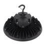 A black high-bay LED hanging light fixture with a ribbed circular base, central housing, and a top hanging hook with a silver bolt, shown on a plain white background.
