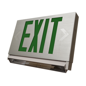 Slim LED Exit Sign and Emergency Light Combo by MaxLite with customizable chevrons and sleek metal finish