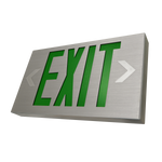 Slim LED Exit Sign - MaxLite with brushed aluminum faceplate and green letters with directional chevrons on sides