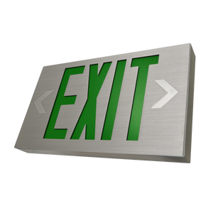 Slim LED Exit Sign - MaxLite with brushed aluminum faceplate and green letters with directional chevrons on sides