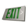 Slim LED Exit Sign - MaxLite with brushed aluminum faceplate and green letters with directional chevrons on sides