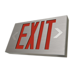 Slim LED Exit Sign MaxLite with brushed aluminum faceplate and customizable red directional chevrons for versatile mounting options