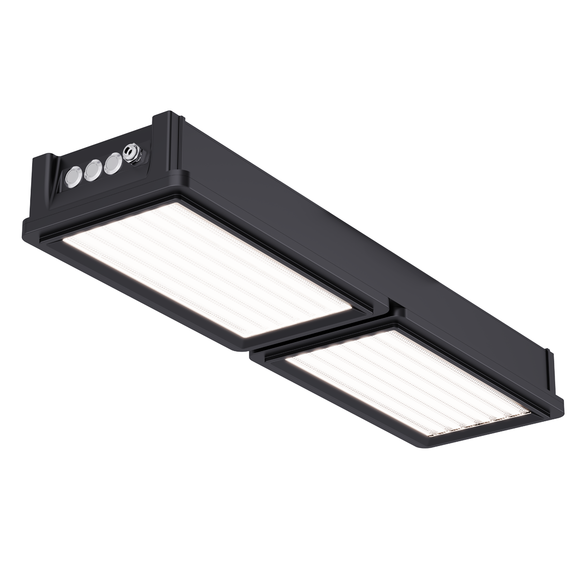 Solar LED Canopy Light with flexible solar panel featuring dual light panels and durable black housing for outdoor use