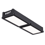 Solar LED Canopy Light with flexible solar panel featuring dual light panels and durable black housing for outdoor use