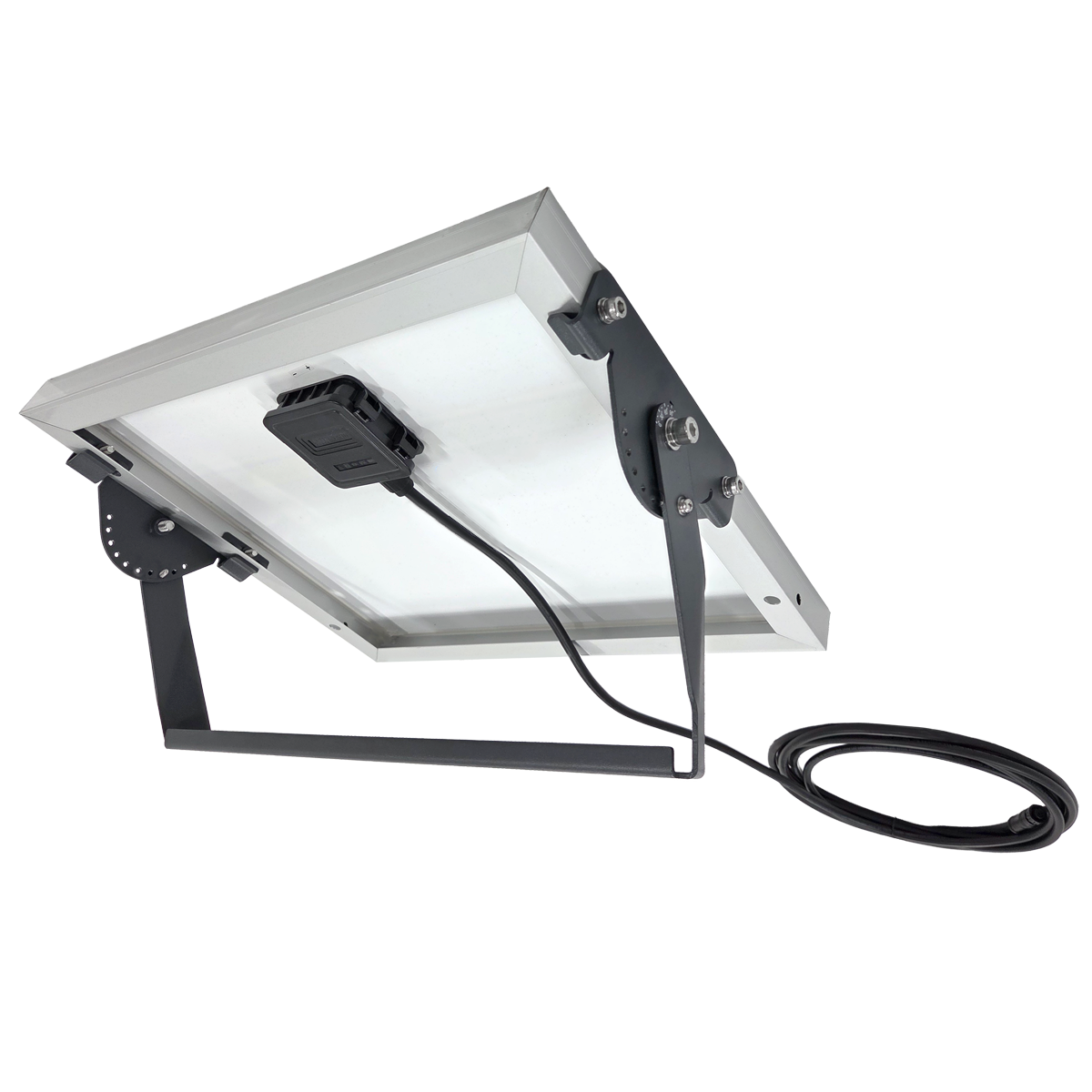 Solar panel with 16' black cord shown from the rear with angle-adjustable mounting bracket. 