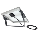 Solar panel with 16' black cord shown from the rear with angle-adjustable mounting bracket. 