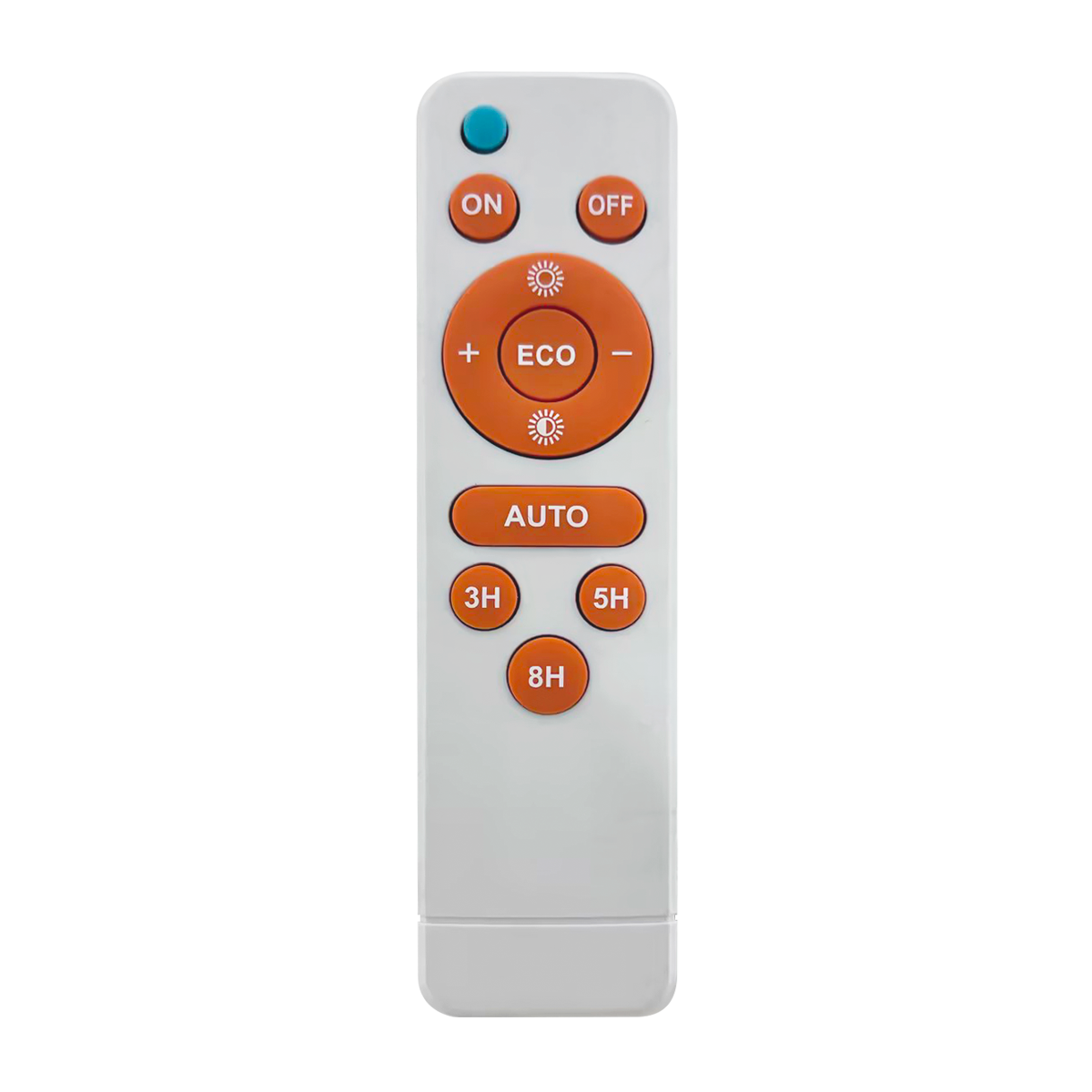 A white rectangular remote control with orange buttons and a small blue indicator light, shown on a plain white background.