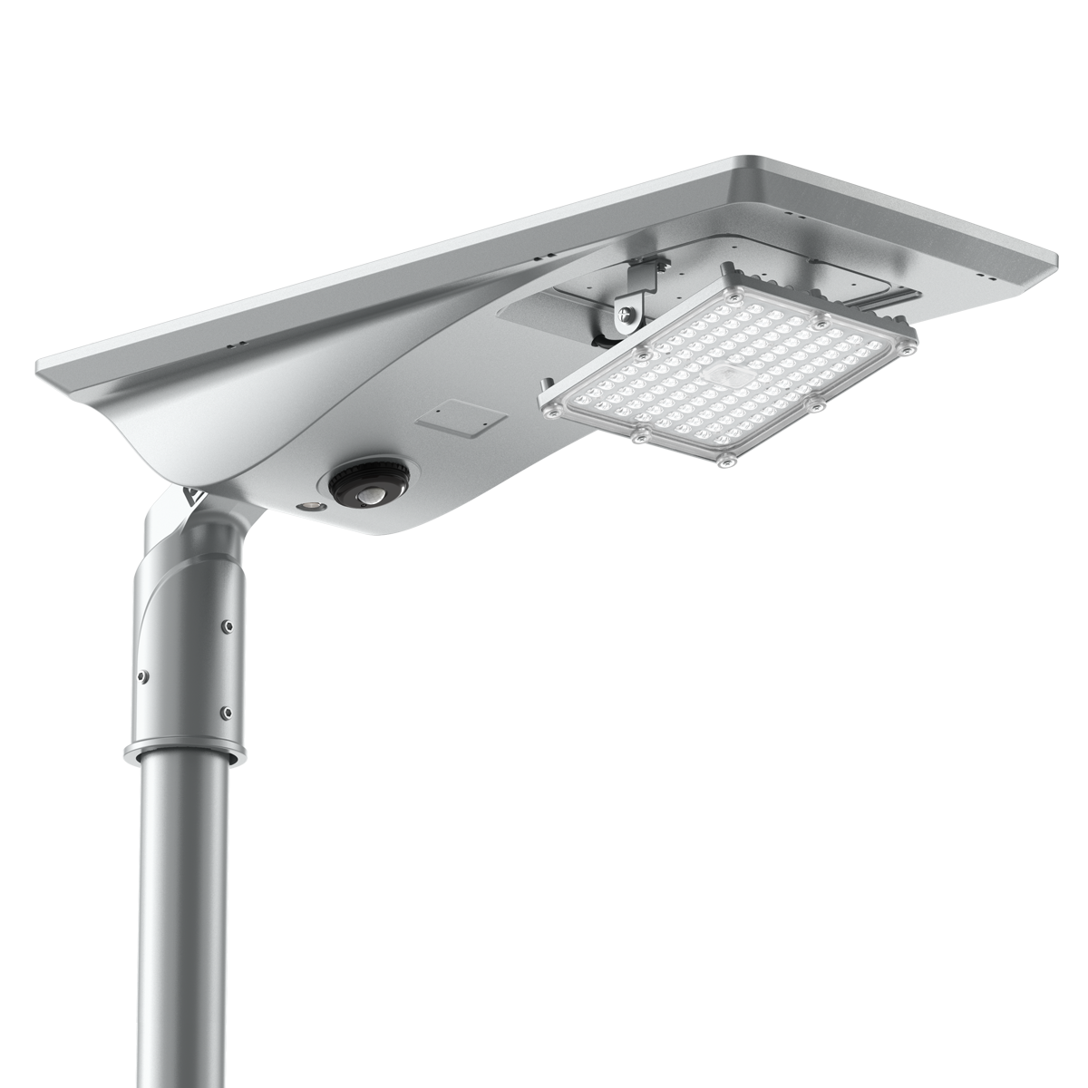 Solar LED Area Light with Tiltable Lens - 30W mounted on pole with adjustable slip-fitter bracket for optimal lighting angle.