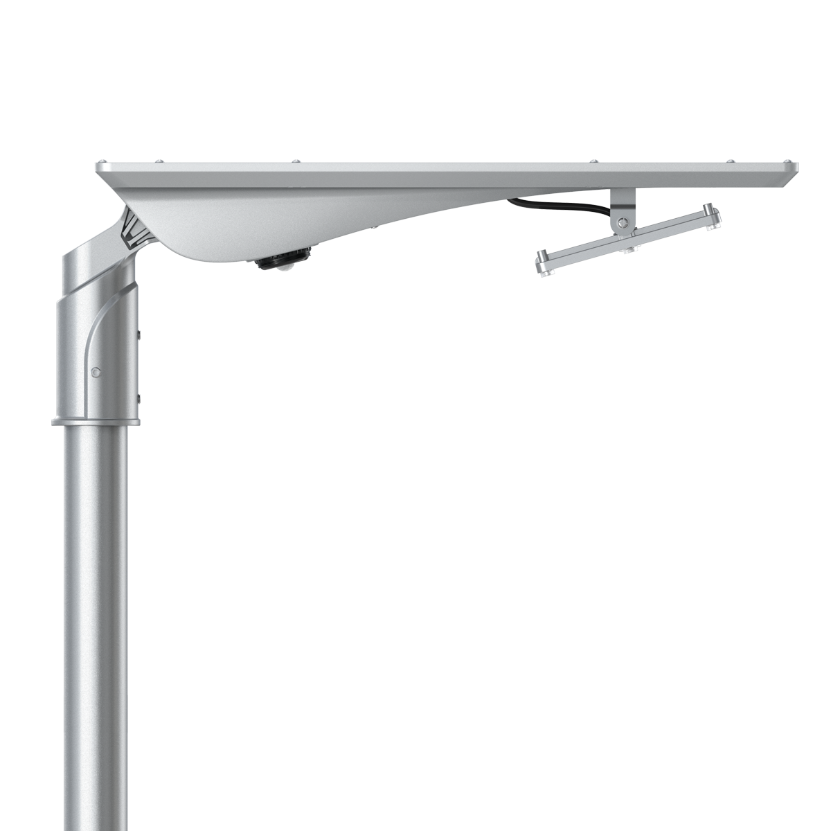Solar LED Area Light with Tiltable Lens 30W mounted on a pole with adjustable bracket for outdoor use