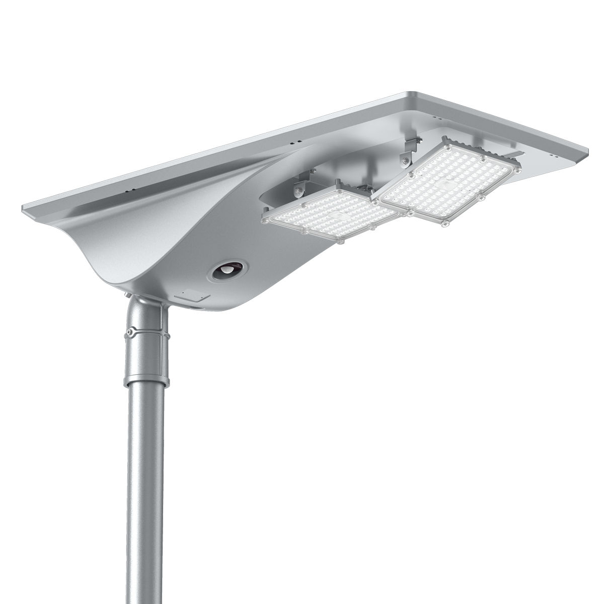 Solar LED Area Light with Tiltable Lenses - 60W mounted on pole with adjustable dual light panels and solar panel top.