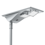 Solar LED Area Light with Tiltable Lenses - 60W mounted on pole with adjustable dual light panels and solar panel top.