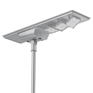 Solar LED Area Light with Tiltable Lenses - 100W mounted on pole with adjustable lenses and solar panel for efficient lighting.