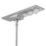Solar LED Area Light with Tiltable Lenses - 100W mounted on pole with adjustable lenses and solar panel for efficient lighting.