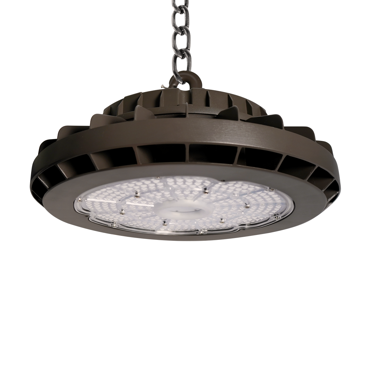 UFO LED High Bay 135W light fixture with durable aluminum alloy body and tempered glass lens hanging by chain