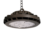 UFO LED High Bay 135W light fixture with durable aluminum alloy body and tempered glass lens hanging by chain