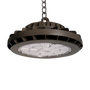 UFO LED High Bay 135W light fixture with durable aluminum alloy body and tempered glass lens hanging by chain
