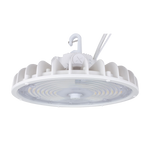 White UFO LED High Bay light fixture with hook and cords for high-ceiling installation, MaxLite Eco Gen 3 model