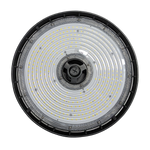 Top view of UFO LED High Bay light featuring circular LED array and black outer casing for industrial illumination