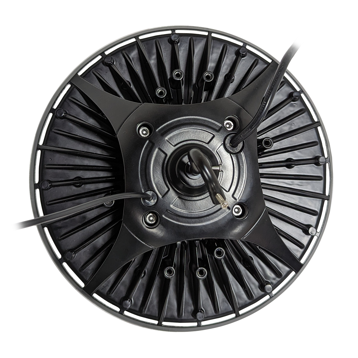 Top view of UFO LED High Bay 240/155/115/65W light showing cooling fins and cable connections